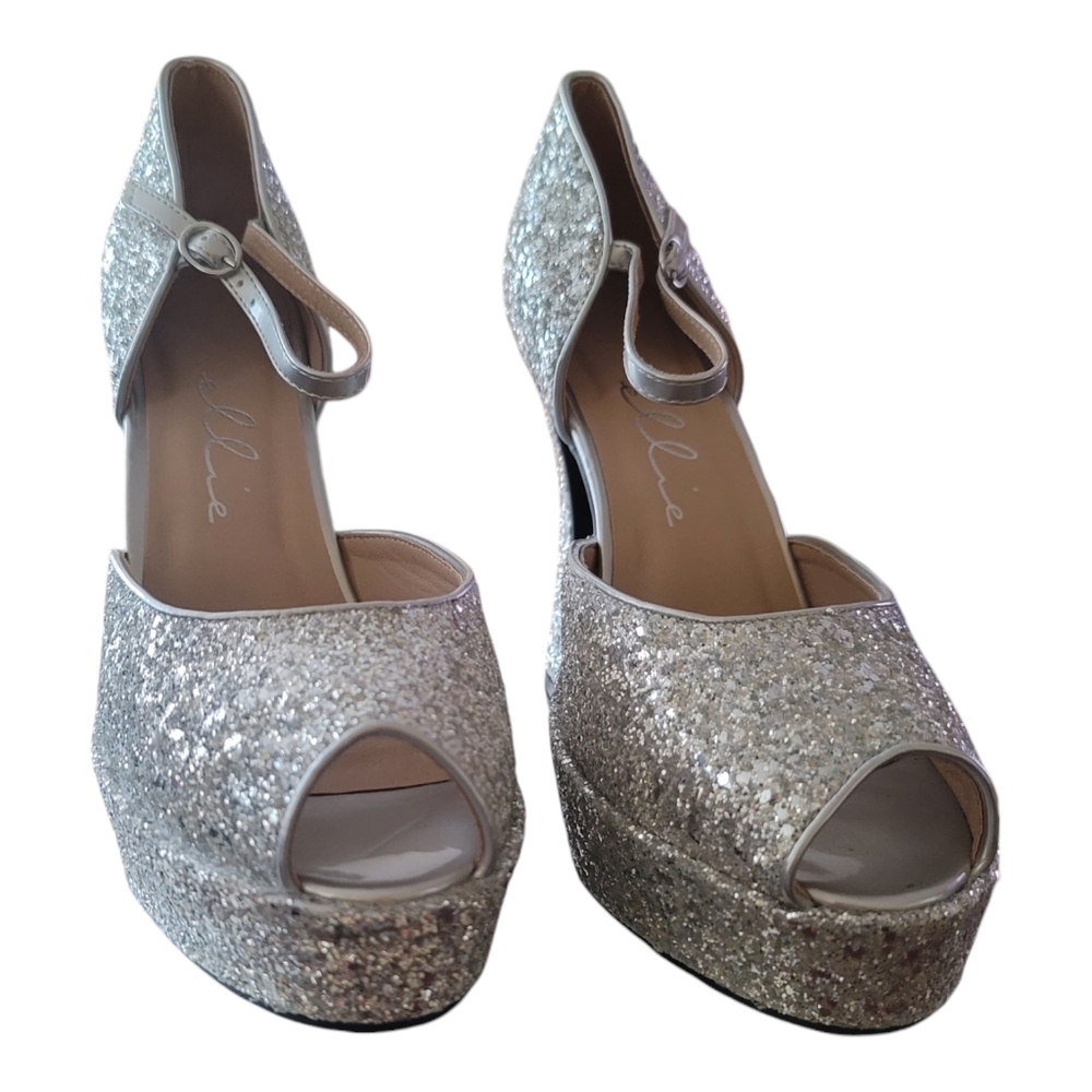 Ellie Heels Women's Size 11 Silver Open Toe With Buckle Ankle Straps 5.5" Shoe